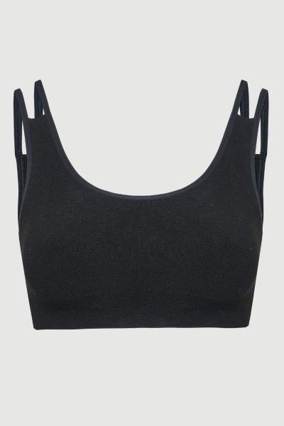 Der Soft Ribbed Bralette von item m6 in schwarz von hinten in einer Detailaufnahme.